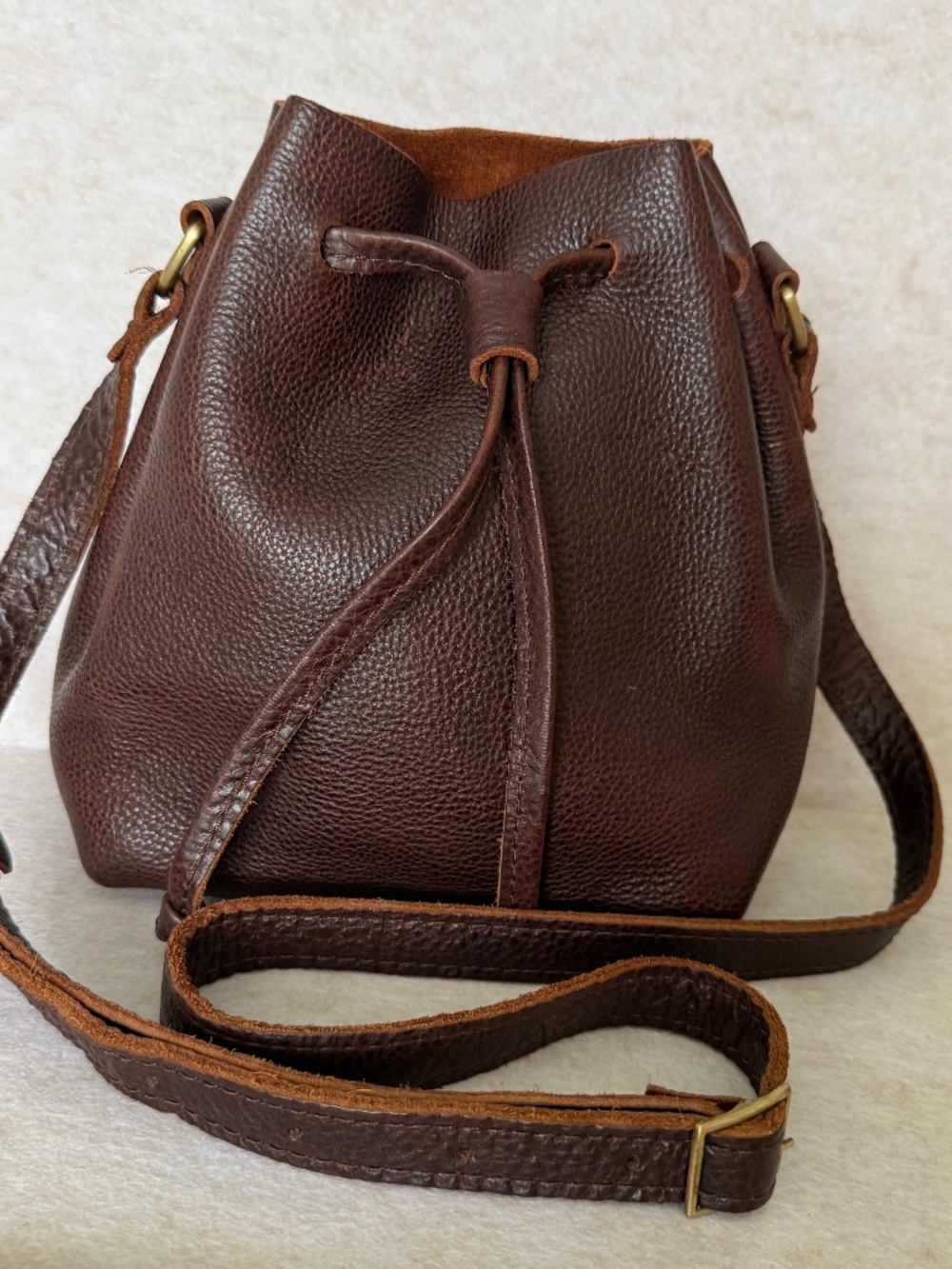 EUC Portland Leather Goods PLG Small Drawstring V1 Bucket Bag in Coldbrew
